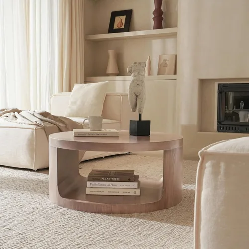 Vista 7 de Mesa auxiliar redonda con almacenamiento, mesa moderna de sala de estar de 31 pulgadas, mesas centrales de madera circulares de 2 niveles para Rosa