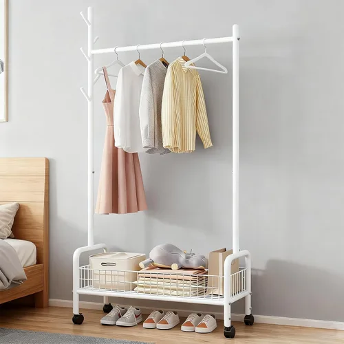 Vista 13 de Perchero con estantes de almacenamiento, perchero resistente con ruedas para dormitorio, sala de estar, organización de lavandería