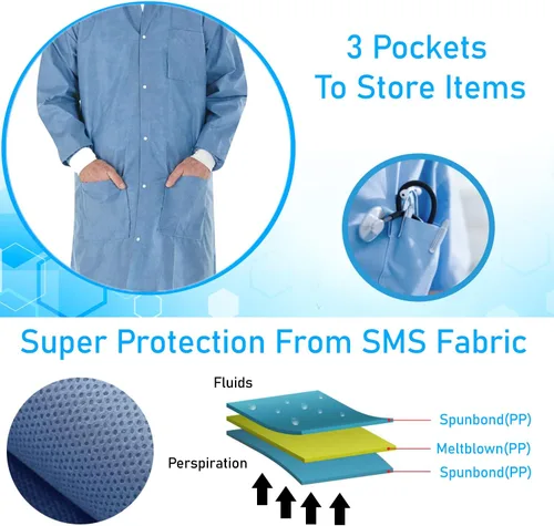 Vista 5 de Distributors - Abrigo de laboratorio desechable SMS de alto rendimiento con puños y cuello de punto, 3 bolsillos, longitud al muslo envuelta