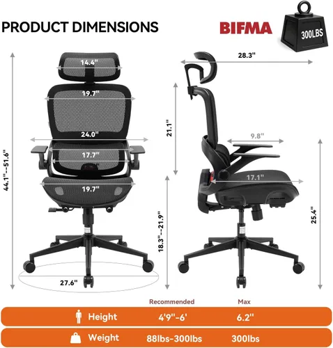 Vista 2 de SIHOO Silla de oficina B100, cómoda silla de oficina ergonómica, silla de computadora con soporte lumbar adaptable y reposacabezas ancho