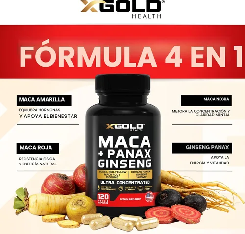 Vista 3 de Cápsulas de raíz de maca 10,000 mg + ginseng coreano Panax 1,400 mg - Extracto concentrado 20x raíz de maca negra + roja + amarilla, extracto