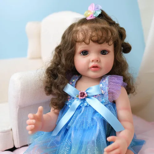 Vista 3 de Muñecas de bebé Reborn realistas de 22 pulgadas de silicona de cuerpo completo y aspecto de niño pequeño, muñecas Reborn realistas de pelo rizado