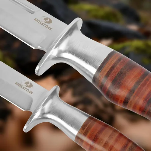 Vista 7 de Mossy Oak Cuchillo Bowie de hoja fija, cuchillo de caza de 2 piezas con mango de cuero con patrón láser, funda incluida