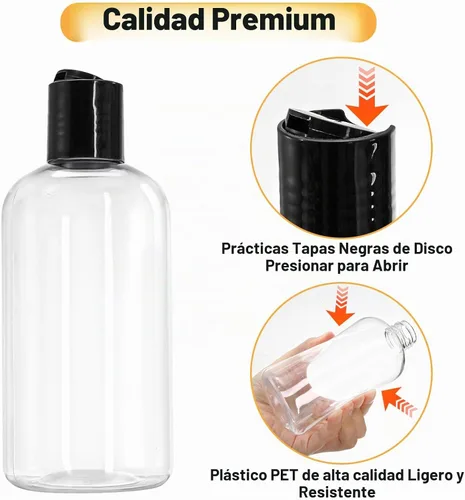 Vista 3 de Bekith Paquete de 16 botellas vacías de plástico transparente de 8 onzas con tapas superiores de disco, recipientes de viaje recargables