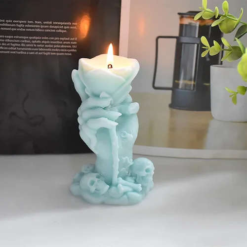Vista 3 de Molde de resina de vela de calavera de rosa de 4 pulgadas, moldes de silicona de fundición de resina para decoración del hogar y fabricación de rosa