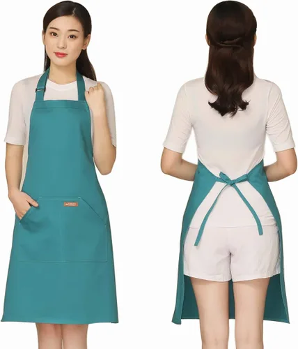 Vista 12 de NEWGEM Delantal 100% algodón con espalda cruzada para mujer con 2 bolsillos, correas de botón ajustables, sin dolor de cuello, delantal de chef