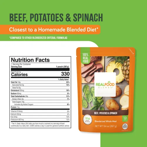 Vista 2 de Real Food Blends Carne de res, papas y espinacas – Comidas puré para alimentación por tubo con proteínas, verduras y frutas – 330 calorías