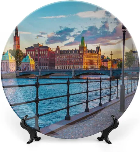 Vista 10 de XISUNYA Plato decorativo de 6 pulgadas, placa de porcelana con paisaje urbano, puente histórico antiguo en Budapest, impresión tradicional europea