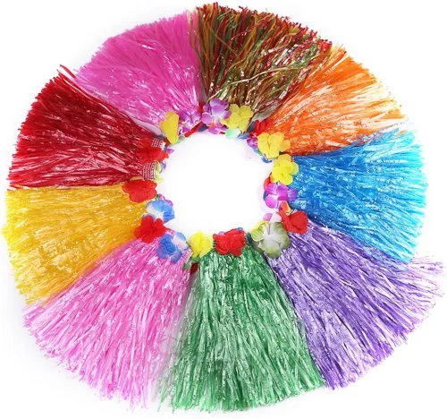 Vista 3 de Faldas de hierba para niños con falda hawaiana de hierba de Leis, falda de hierba hula tropical hawaiana fiesta en la playa