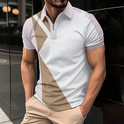 Vista 2 de Quarter Zip Polo Shirts for Men Short Sleeve Golf Polo Band Collar Summer T-Shirt Color Block Fashion Muscle Tees