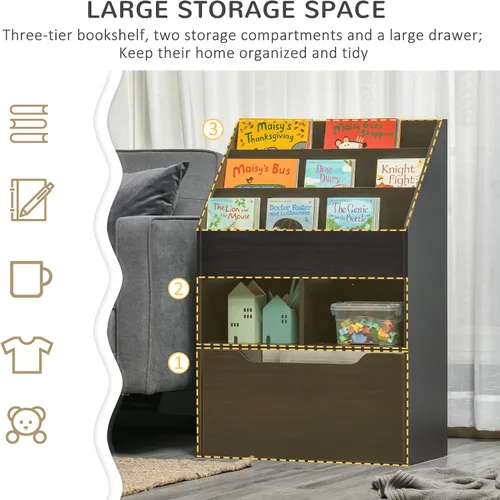 Vista 4 de HOMCOM Estantería infantil con cajón de almacenamiento para libros, sala de juegos, color marrón