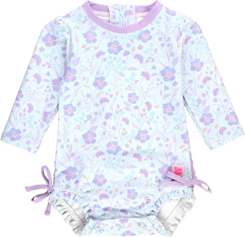 Vista 22 de RuffleButts - Traje de baño de una pieza con protección solar UPF 50+, camiseta de protección floral estampado, manga larga, con cierre zipper