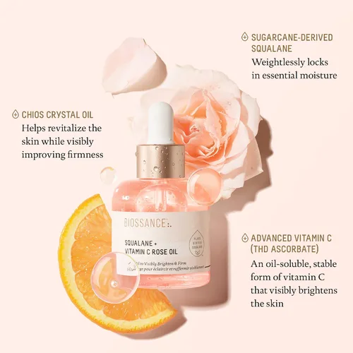 Vista 3 de BIOSSANCE Squalane + Vitamin C Rose Advanced Facial Oil - Brightening, Firming, and Hydrating Serum for All Skin Types - Chios Crystal Oil, Damascus