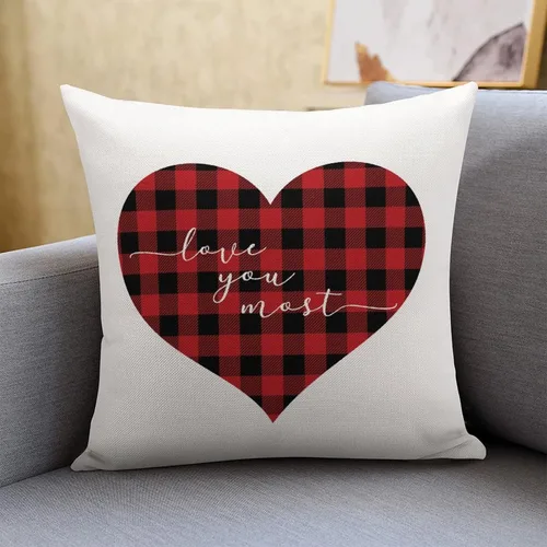 Vista 13 de Red and Black Buffalo Plaid Love Heart Hugs and Kisses Decorative Pillow Cover for Sofa Couch Chair Office Decor 16"x16",Romantic Valentine Pillow
