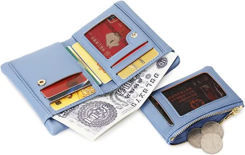 Vista 3 de Billeteras para mujer, billetera pequeña Rfid para mujer, billetera de cuero plegable con cremallera extraíble, Azul, Cartera para mujer