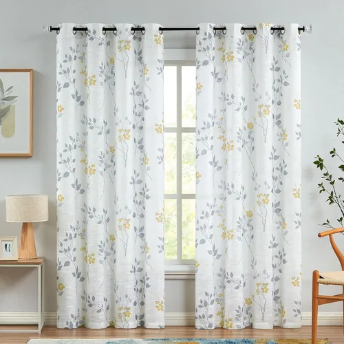 Vista 12 de Beauoop Juego de 2 cortinas semitransparentes de lino floral para sala de Clásico azul y gris