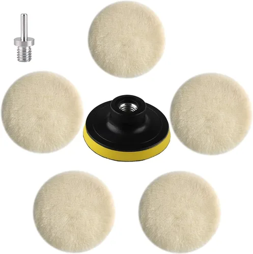 Vista 4 de IPELY 6 piezas de 12.7 cm de almohadillas de pulido de lana para taladro, rueda de pulido para taladro con adaptador de taladro M14