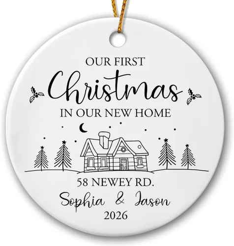 Vista 18 de Adorno de nuestra primera Navidad juntos, adorno de cerámica de Navidad personalizado para parejas, 1ª Navidad juntos, adorno de compromiso