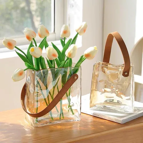 Vista 5 de Cuero hecho a mano - Bolso de mano - Estilo florero de cristal - Elegancia simple para tu espacio (ámbar)
