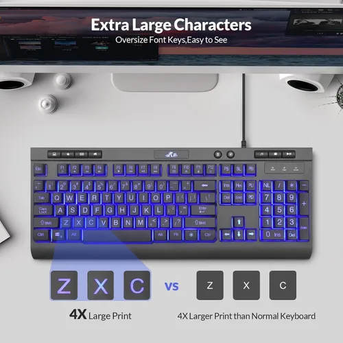 Vista 2 de Rii RK900Pro Teclado retroiluminado de impresión grande, teclado USB de tamaño completo con cable con retroiluminación azul, compatible con Windows