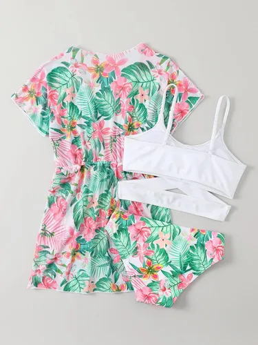 Vista 2 de OYOANGLE Traje de baño de 3 piezas con estampado tropical cruzado para niña con kimono