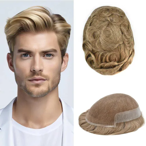 Vista 29 de Mens Toupee Remy Human Hair System For Men Bleached Knot Toupee Hair Piece For Men French Lace Toupee For Men Hairpiece 8X10#17 Dark Ash Blonde 90%