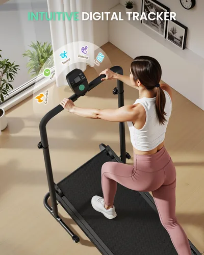 Vista 3 de Cinta de correr no eléctrica con doble volante e inclinación fija - Caminadora sin motor AKLUER con monitor LCD, correa antideslizante, diseño