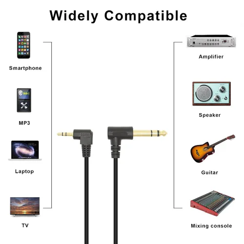 Vista 2 de Cable de audio estéreo de 90 grados de 1/8 a 1/4, ángulo recto TRS macho de 0.138 in a cable auxiliar TRS macho de 0.250 in para guitarra, piano