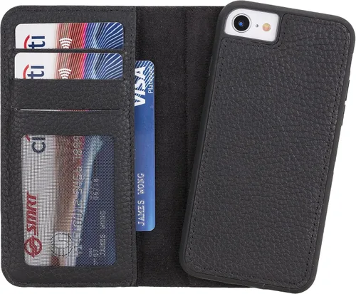 Vista 3 de Compatible con iPhone 7/8 / SE Funda tipo cartera, cuero genuino hecho a mano, cubierta magnética desmontable con soporte para tarjetas