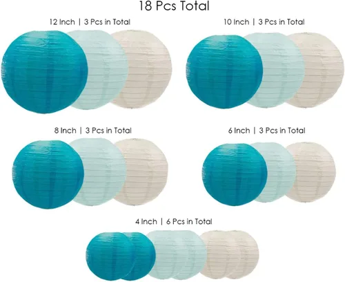 Vista 3 de UNIQOOO Juego de 18 faroles de papel azul océano para decoración de fiesta de boda, suministros de decoración de faroles japoneses colgantes, fácil