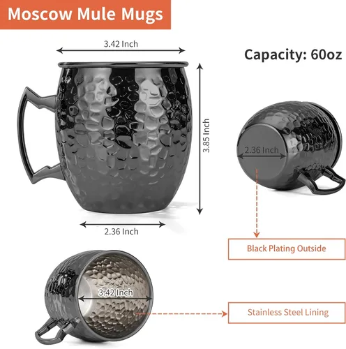 Vista 3 de Amrules Tazas Moscow Mule, 16 OZ Taza Mule Negra Martillada con Forro de Acero Inoxidable 304 y Asa de Latón, para Bebidas Frías, Cerveza, Vino