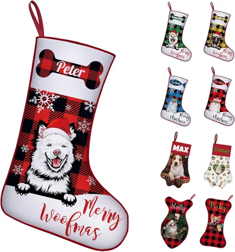 Vista 17 de Calcetines de Navidad personalizados con foto de nombre, medias personalizadas en forma de hueso para perros, gatos, mascotas, medias de Navidad