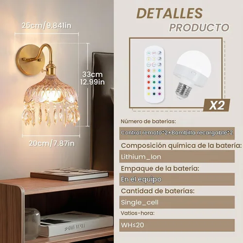 Vista 6 de Juego Vintage de Dos Apliques de Pared Operados por Batería, Inalámbricos, Atenuables, con Batería Recargable, Lámpara RGB de 12 Colores con Control
