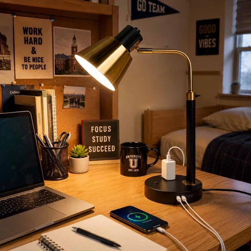 Vista 3 de Lámpara de escritorio con USB-C, USB-A y toma de CA, lámpara de escritorio de metal ajustable con cabezal giratorio de 340°, lámpara de mesa