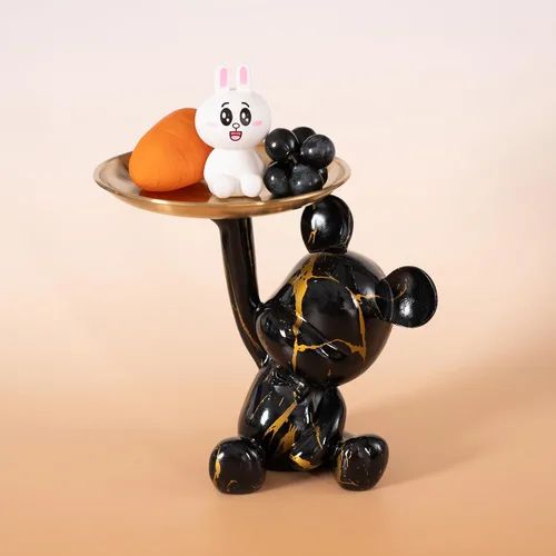 Vista 3 de Bandeja Portavellas con Escultura de Oso Decorativa, Estatua de Animal para Hogar, Bandeja de Almacenamiento para Mesa de Entrada (Negro y Oro)