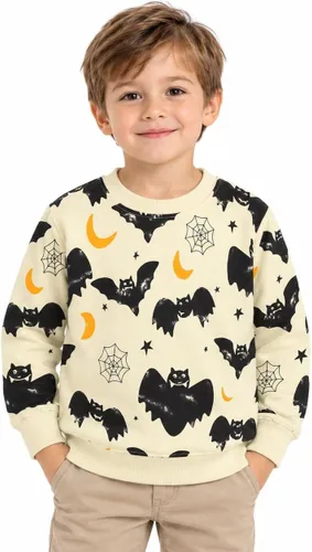 Vista 14 de HILEELANG Sudaderas de Halloween para niños pequeños, de algodón, sin botones, con estampado de calabaza, murciélago, boo, para niños y niñas