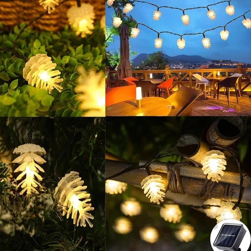 Vista 6 de Guirnalda de luces LED con cono de pino, impermeable, 16.4 pies, 20 LED, funciona con energía solar, para jardín, valla, árboles de Navidad, boda 20