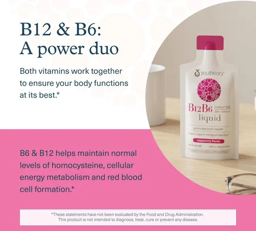 Vista 4 de Youtheory Vitamina B12 B6, suplemento diario de energía y apoyo cerebral, sabor líquido a frambuesa, 12 paquetes de 1 oz de una sola porción