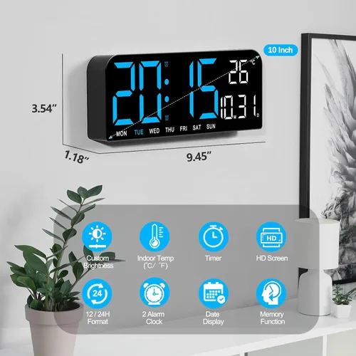 Vista 2 de JoFomp Reloj de pared digital LED decorativo, reloj despertador digital de 10 pulgadas para dormitorios, reloj digital con pantalla grande