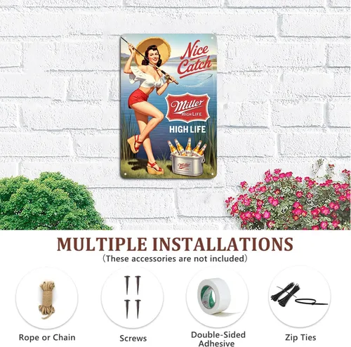 Vista 6 de High Life Beer Pin Up Girl - Cartel de lata de pesca vintage con diseño de cerveza con texto en inglés "Pin Up Girl" para jardín, patio, bar