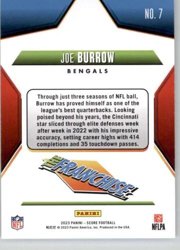 Vista 2 de 2023 Score The Franchise #7 Joe Burrow Cincinnati Bengals Official Panini NFL Football Trading Card (Stock Photo shown, Near Mint to Mint Condition)