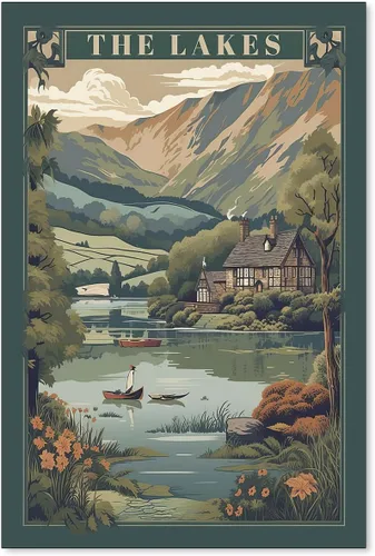 Vista 12 de Póster de paisaje campestre y lago, arte de pared de paisaje de naturaleza otoñal, 08 x 10 pulgadas, marco negro, pintura al óleo vintage de otoño