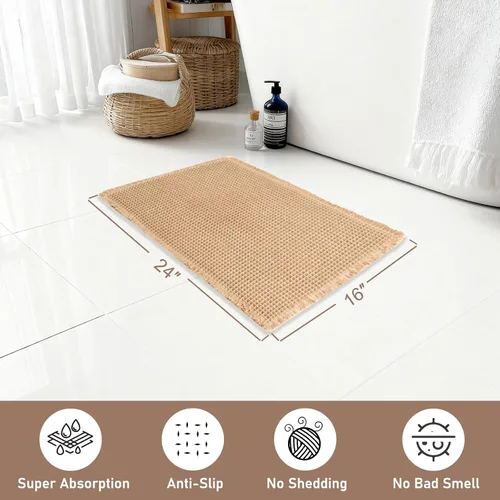 Vista 2 de Hiasan Tapete de baño de punto gofre, súper absorbente, antideslizante, con borlas, lavable a máquina, tapete con parte trasera de goma ultra suave