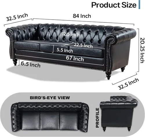 Vista 2 de Chesterfield Sofás para sala de estar, brazo enrollado negro de 3 plazas, cuero sintético de 84 pulgadas, sofá grande con botón profundo con cabeza