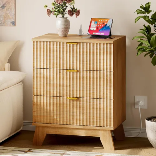 Vista 32 de BORNOON Cómoda acanalada de 3 cajones, 30.3 pulgadas de alto, cómoda bohemia compacta y moderna, armario de almacenamiento de madera