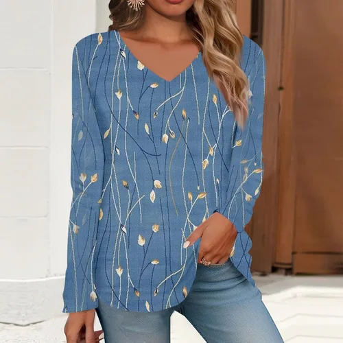 Vista 4 de Suéter de manga larga para mujer, diseño floral, cuello en V, estilo bohemio, ajuste holgado, manga larga, para otoño