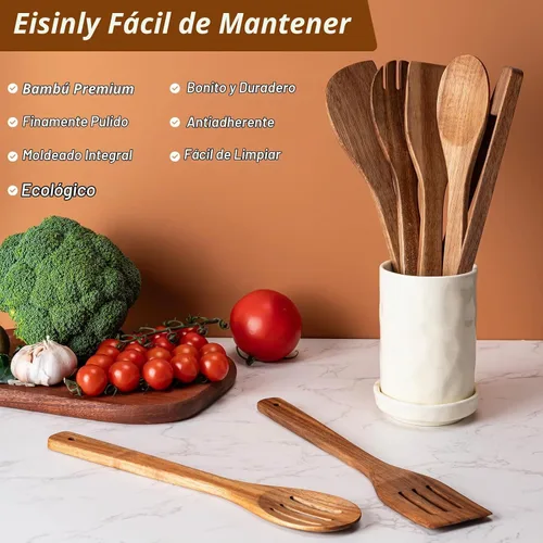 Vista 4 de Eisinly Cucharas de madera para cocinar, 7 piezas, juego de utensilios de cocina de madera antiadherentes, cuchara de espátula de madera duradera