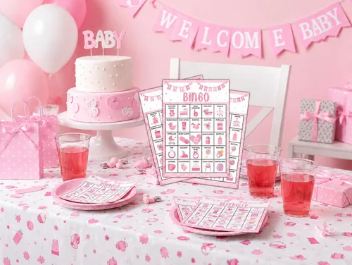 Vista 4 de Tarjetas de Bingo Rosas para Fiesta de Baby Shower, Juego de Bingo para Baby Shower, Juegos de Fiesta de Baby Shower para Adultos, Suministros