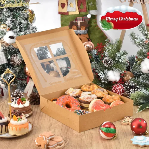 Vista 2 de COTOPHER 18 cajas de galletas de Navidad con ventana, 10 x 10 x 2.5 pulgadas, cajas de panadería marrones para regalo, cajas de postre de papel