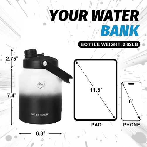Vista 2 de NATURE PIONEOR Botella de agua aislada de 84 onzas, jarra de agua de acero inoxidable con doble vacío con soporte/portador, boca ancha, deportes al